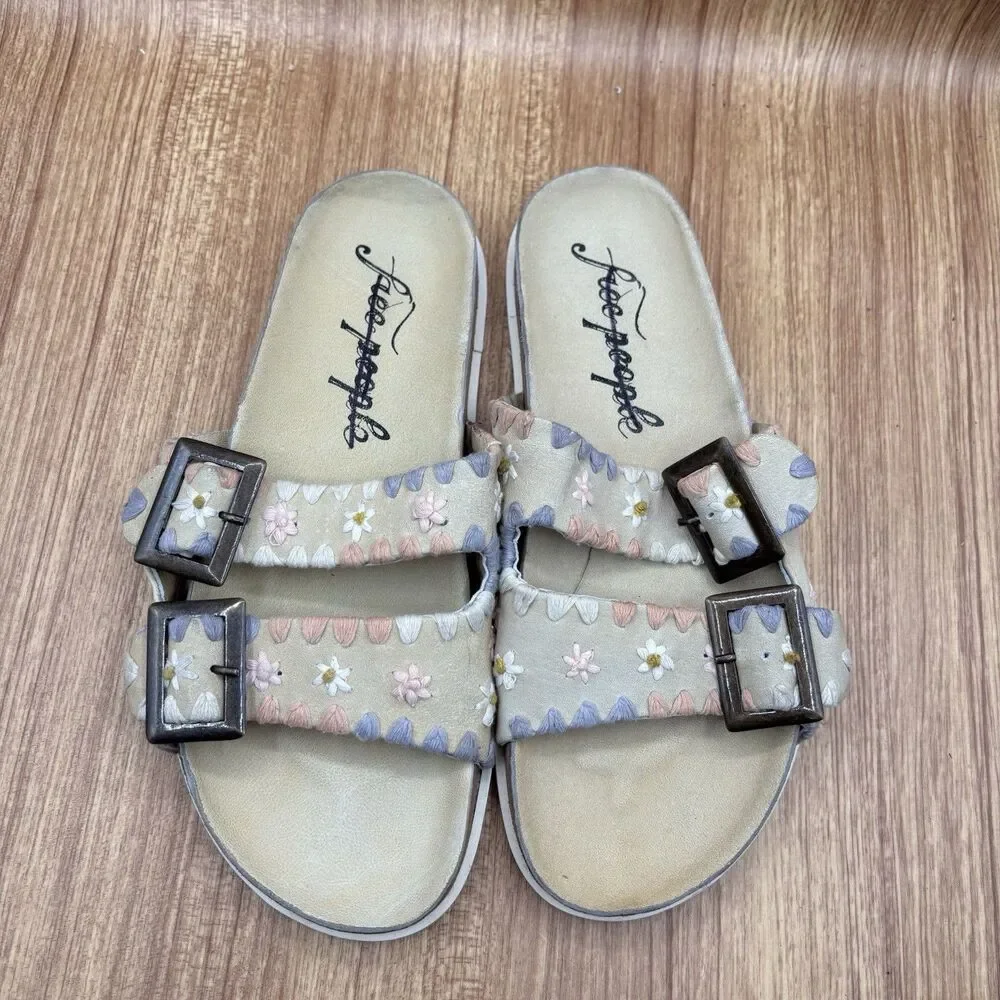 Free People Wildflowers 40 / 10 Embroidered Sandals Floral Beige Tan‎ Buckle